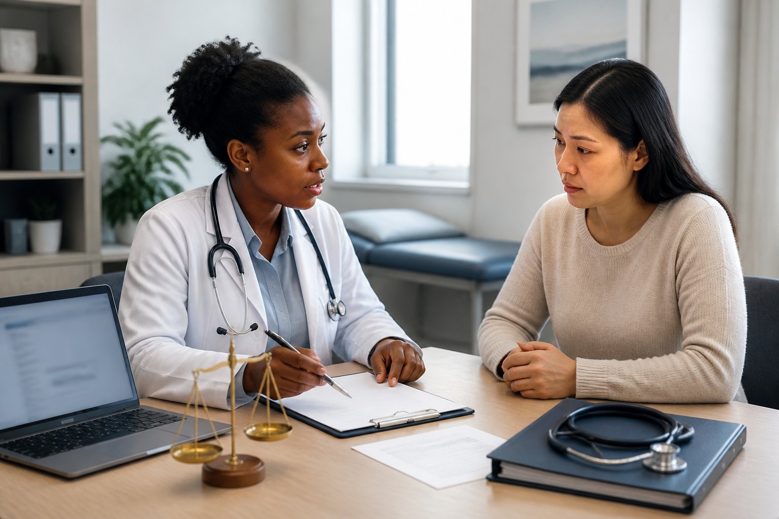 A doctor and patient review medical documents in a hospital consultation room with legal and compliance symbols nearby.