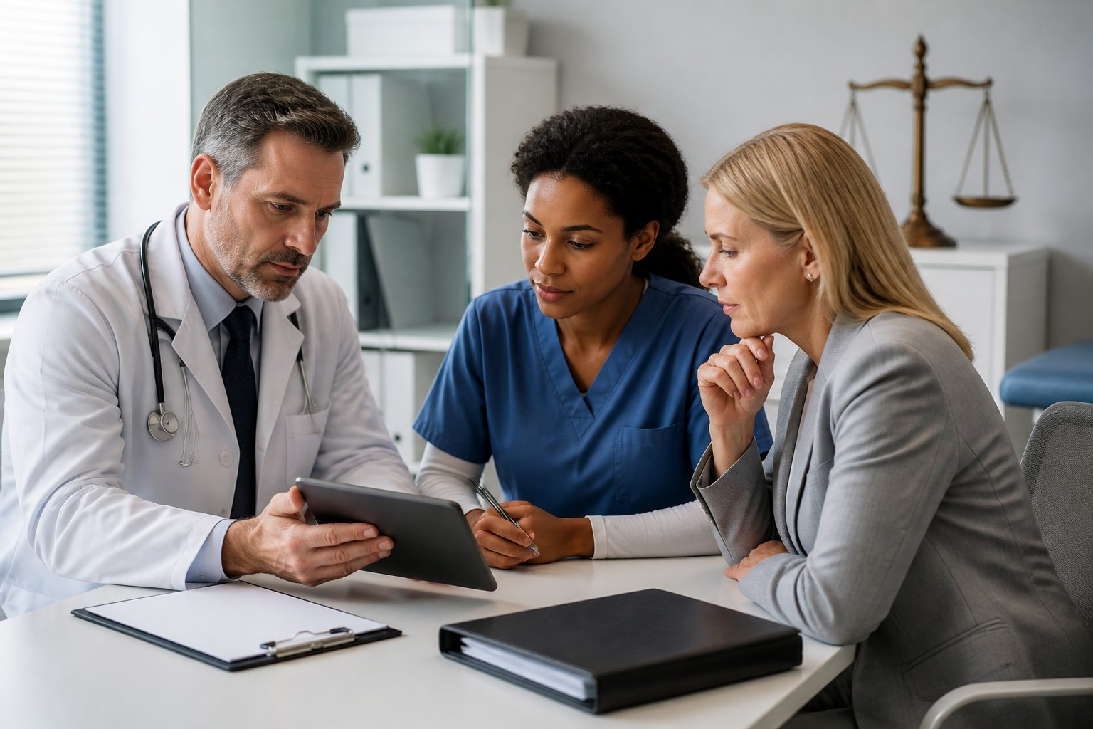 Healthcare professionals discuss patient records and legal responsibilities in a hospital consultation room.