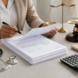 A professional reviews generic medical billing papers beside a stethoscope, calculator, and legal symbol.