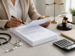 A professional reviews generic medical billing papers beside a stethoscope, calculator, and legal symbol.