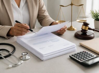 A professional reviews generic medical billing papers beside a stethoscope, calculator, and legal symbol.