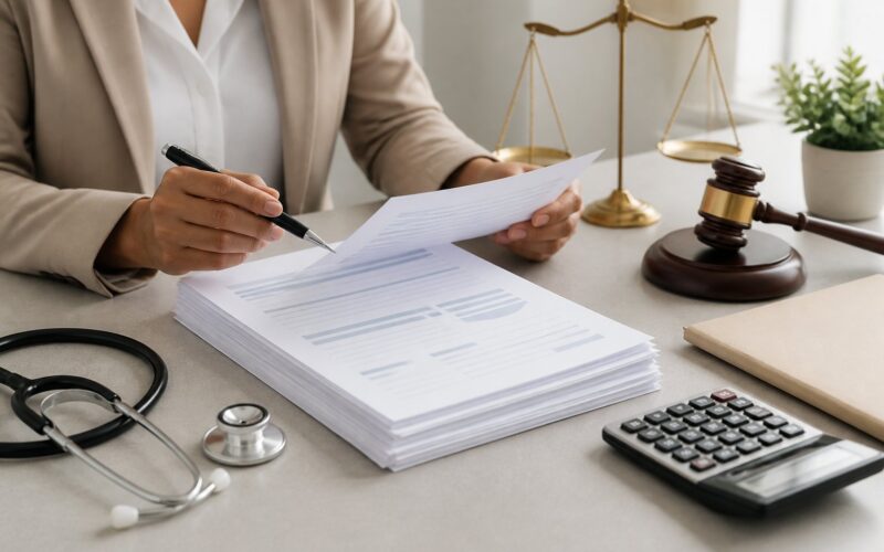 A professional reviews generic medical billing papers beside a stethoscope, calculator, and legal symbol.