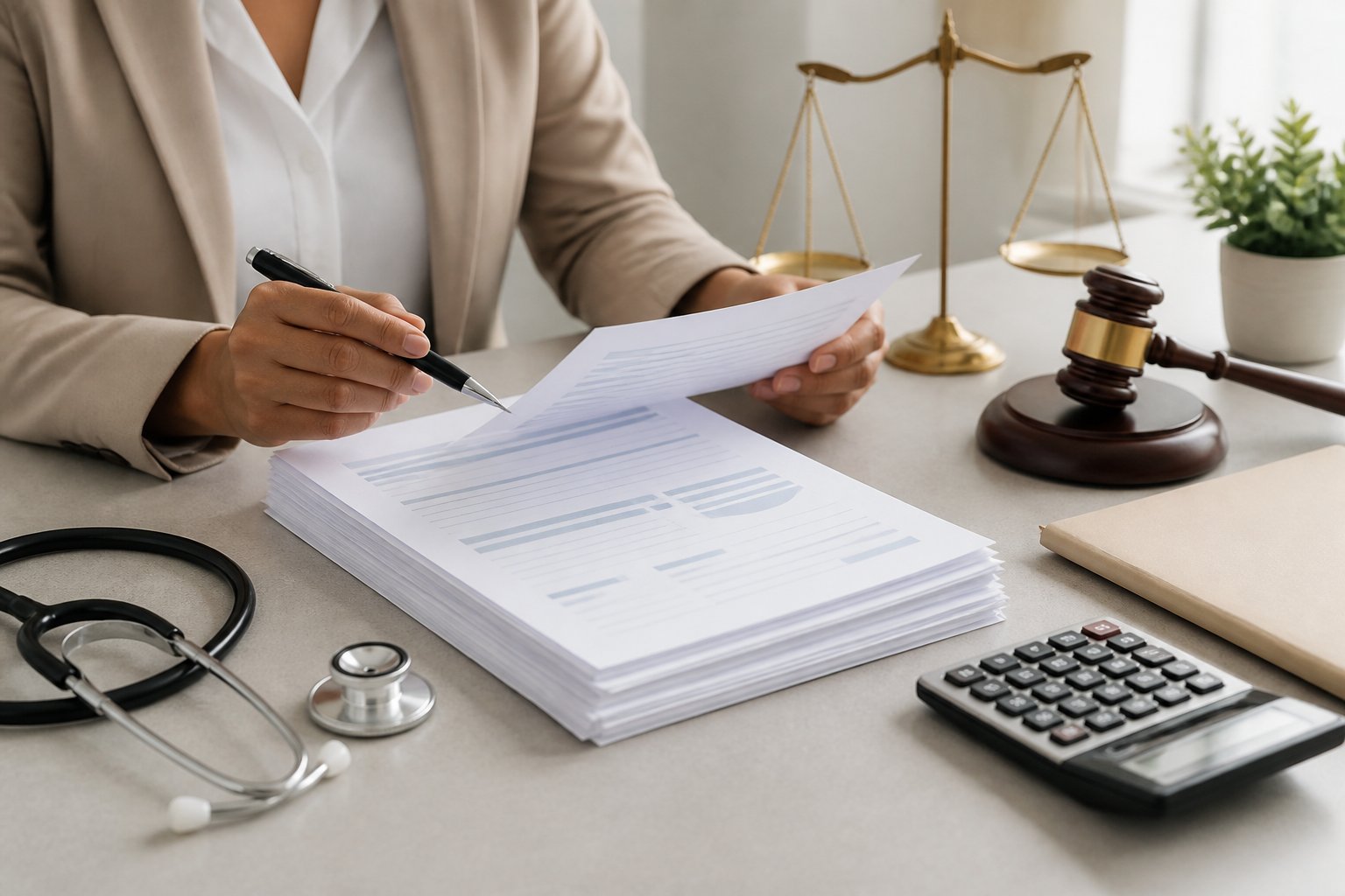 A professional reviews generic medical billing papers beside a stethoscope, calculator, and legal symbol.