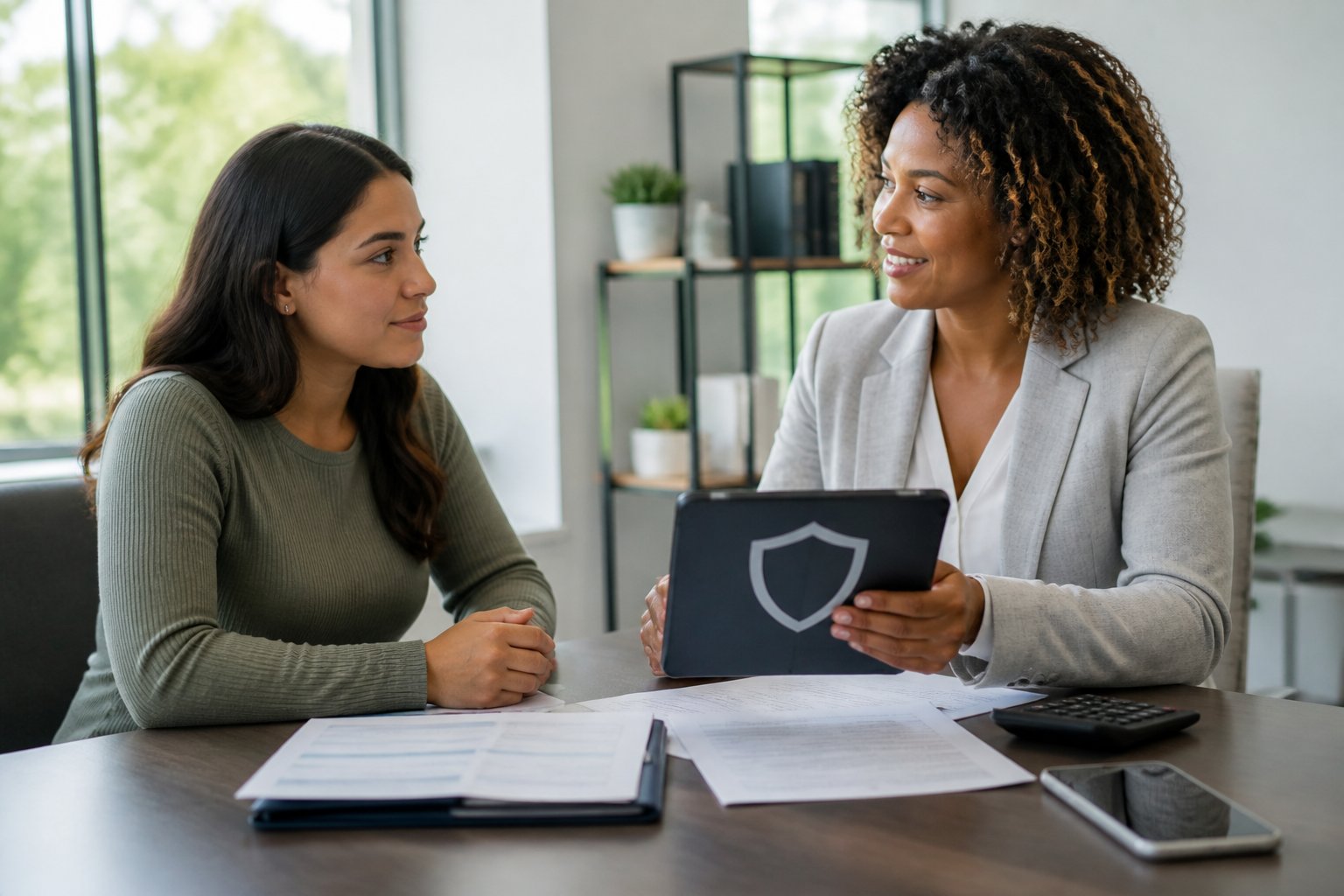 A patient discusses medical billing with a healthcare counselor at a desk beside a protective shield symbol.