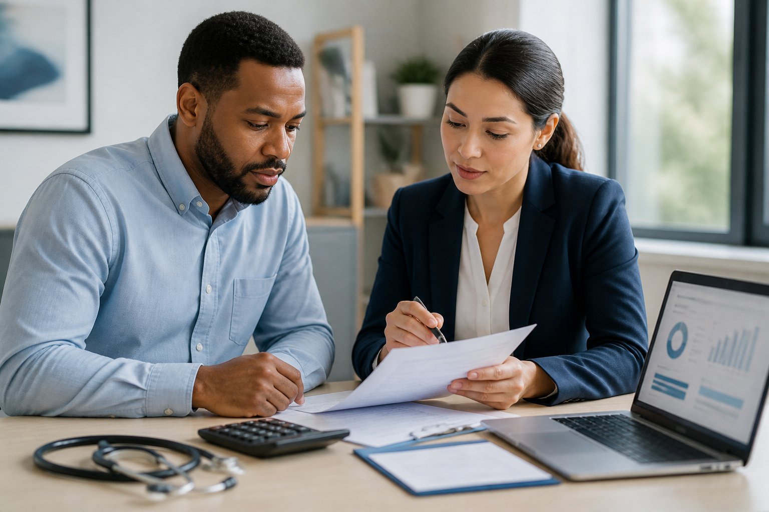 A patient and an insurance professional review medical billing documents together at a desk.