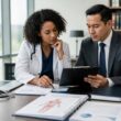 A medical professional and a legal professional collaborate at a conference table while reviewing healthcare and legal case materials.