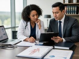 A medical professional and a legal professional collaborate at a conference table while reviewing healthcare and legal case materials.