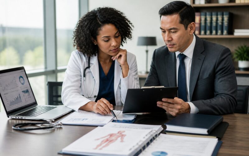 A medical professional and a legal professional collaborate at a conference table while reviewing healthcare and legal case materials.