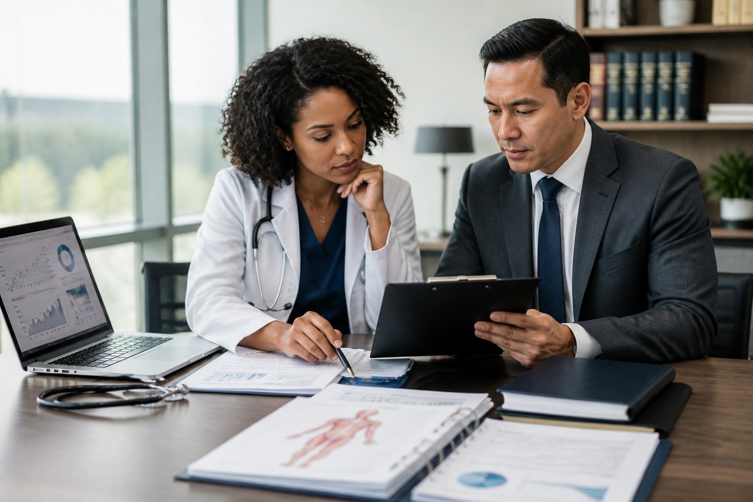 A medical professional and a legal professional collaborate at a conference table while reviewing healthcare and legal case materials.