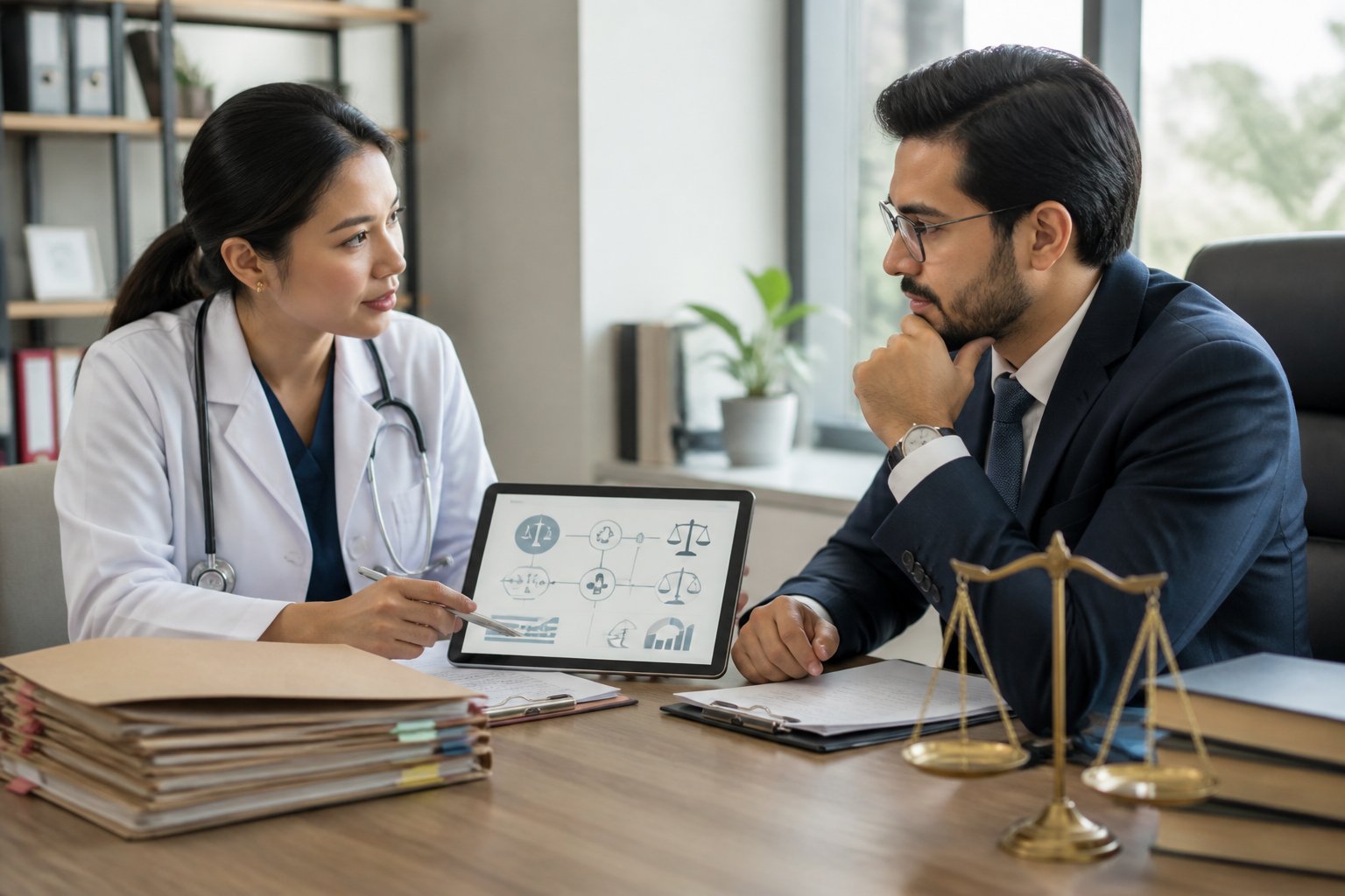 A healthcare professional and a legal professional review case materials together in a modern office.