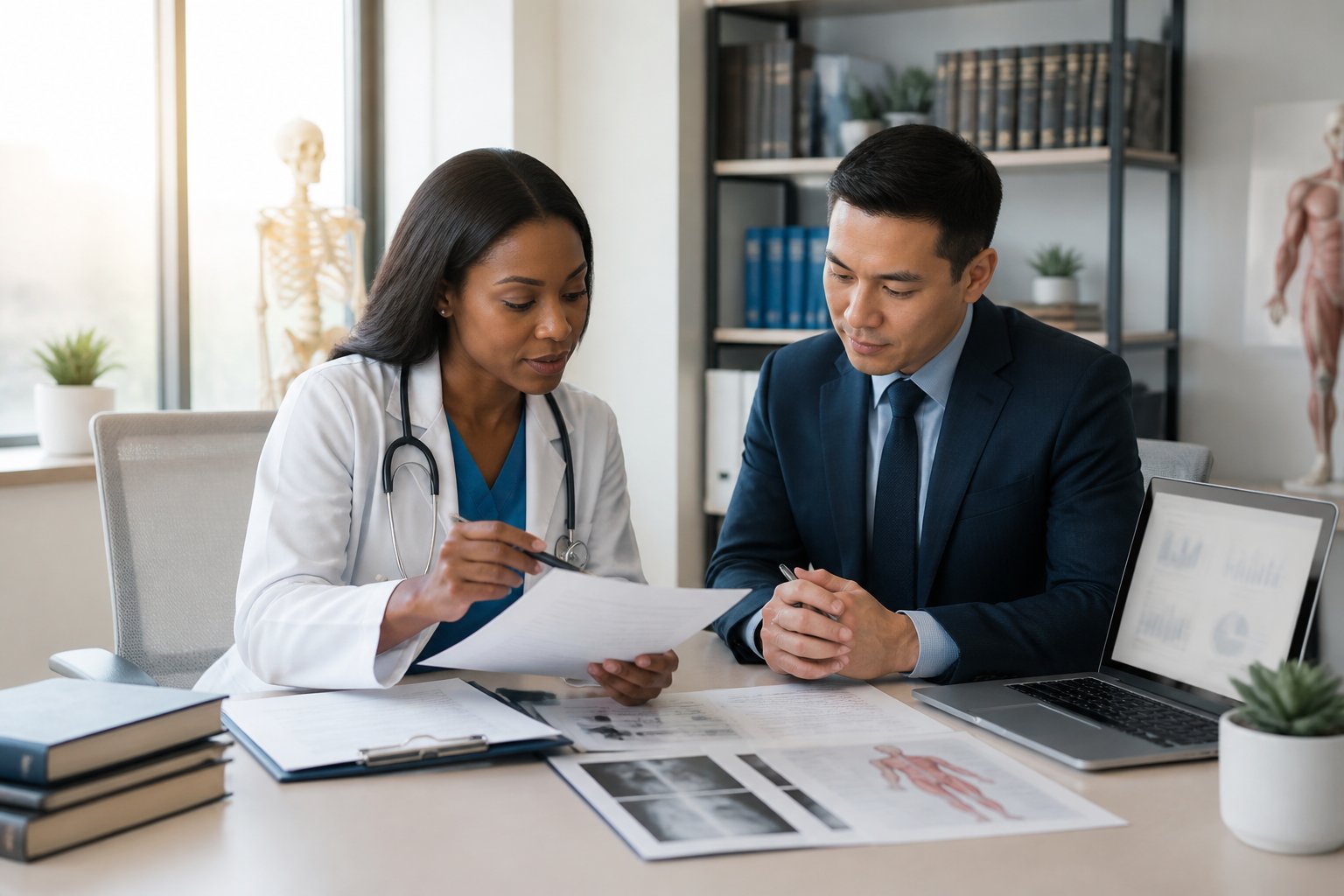 A physician and legal consultant review medical case materials together in a modern office.