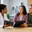 A healthcare professional discusses medical decisions with a patient and the patient’s trusted representative in a clinic.