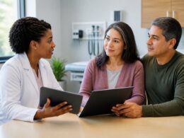 A healthcare professional discusses medical decisions with a patient and the patient’s trusted representative in a clinic.