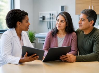 A healthcare professional discusses medical decisions with a patient and the patient’s trusted representative in a clinic.
