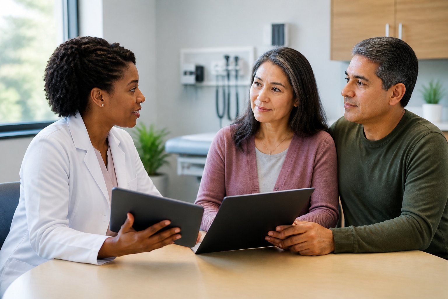 A healthcare professional discusses medical decisions with a patient and the patient’s trusted representative in a clinic.