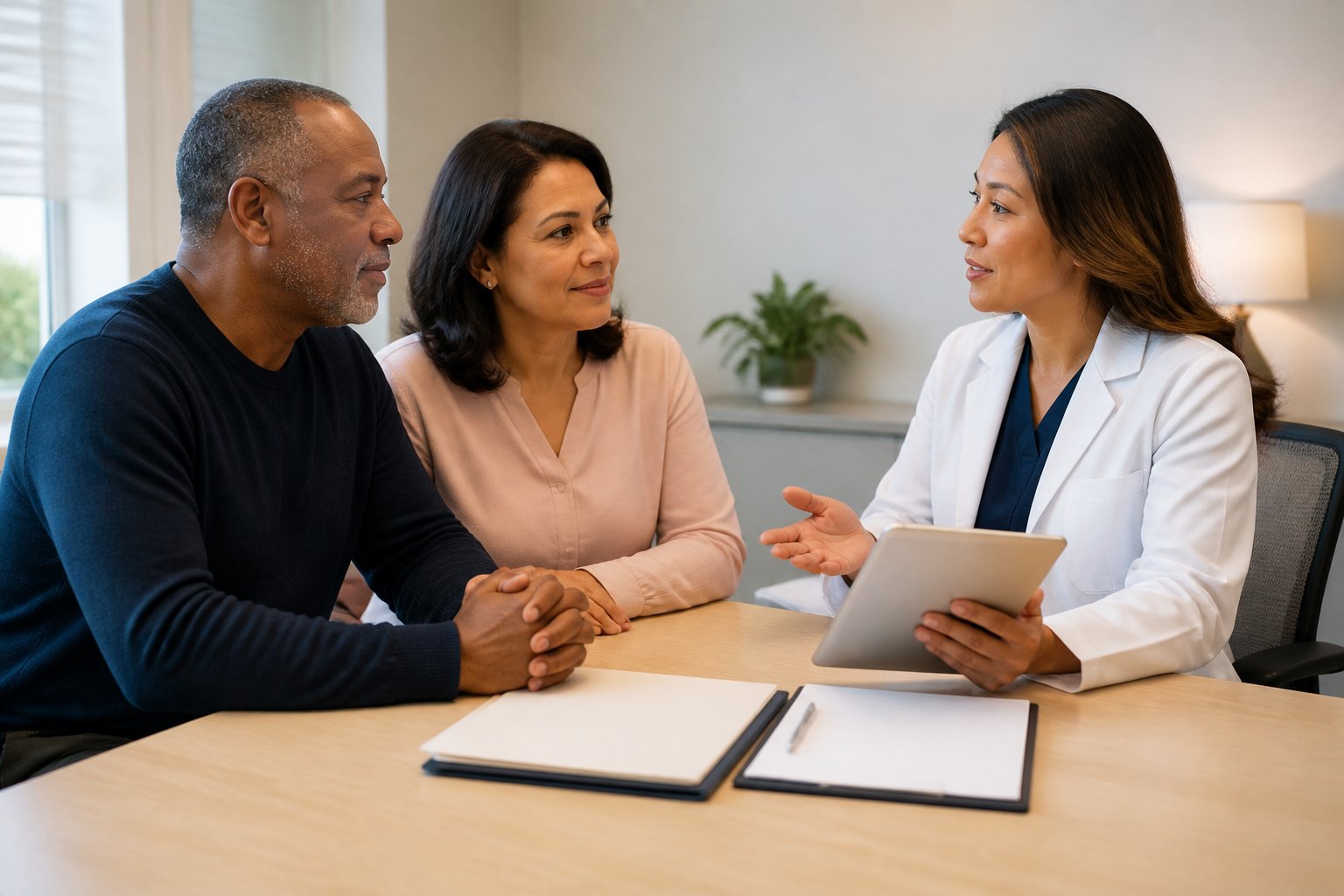 A patient, healthcare representative, and doctor discuss medical decision-making in a clinic.