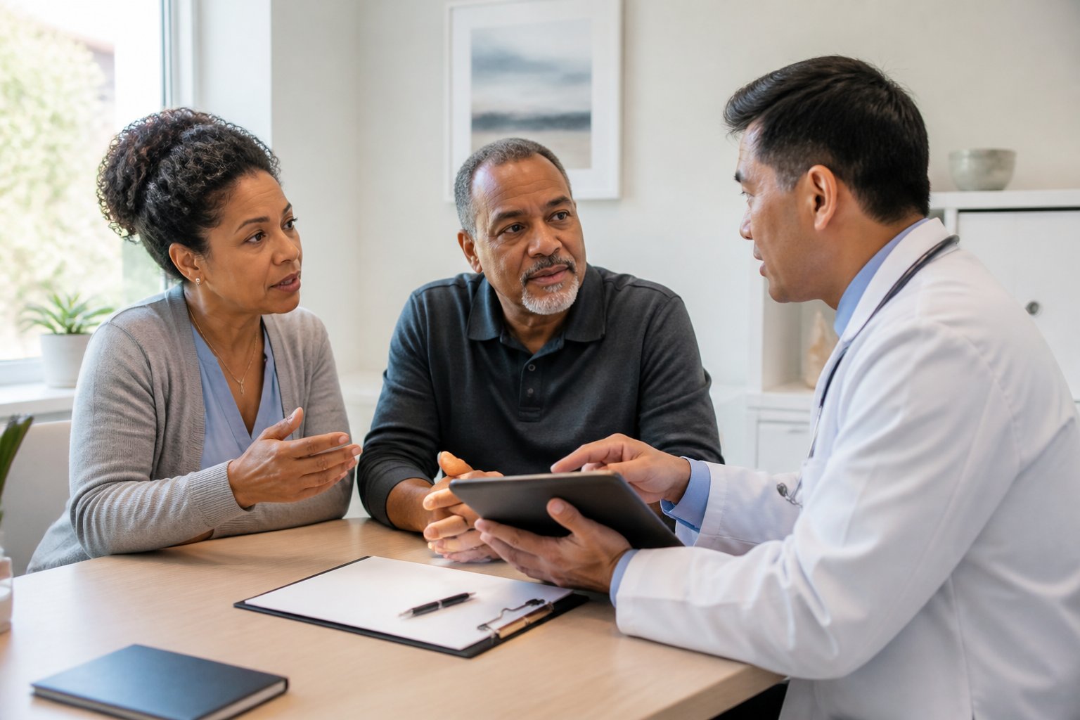 A patient, a trusted medical proxy, and a doctor discuss healthcare decisions together in a medical office.