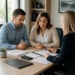 A married couple discusses legal and financial documents with an attorney at an office conference table.