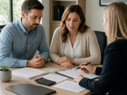 A married couple discusses legal and financial documents with an attorney at an office conference table.