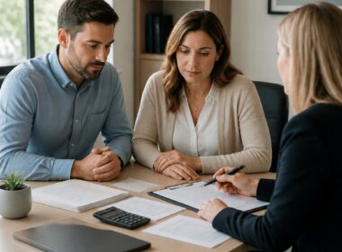 A married couple discusses legal and financial documents with an attorney at an office conference table.