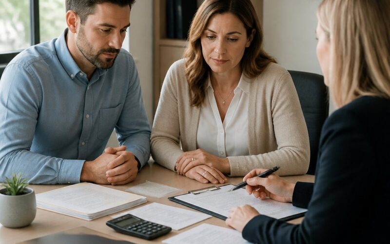 A married couple discusses legal and financial documents with an attorney at an office conference table.
