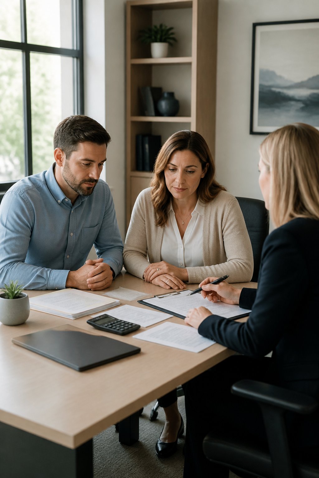 A married couple discusses legal and financial documents with an attorney at an office conference table.