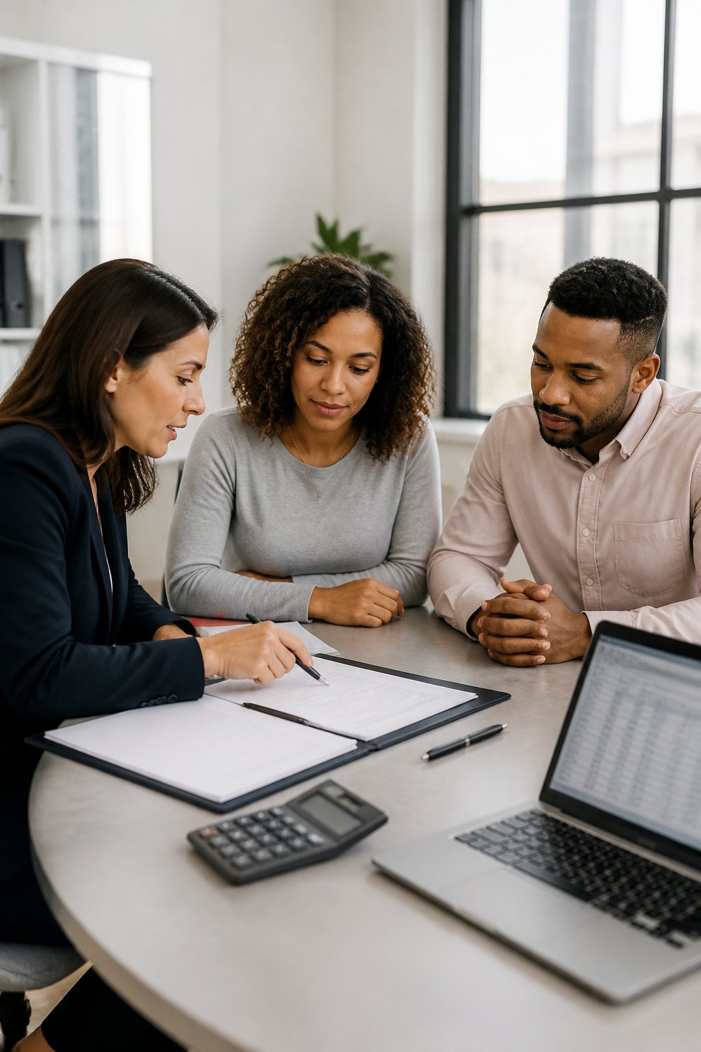 A married couple reviews financial documents with an attorney at a law office conference table.