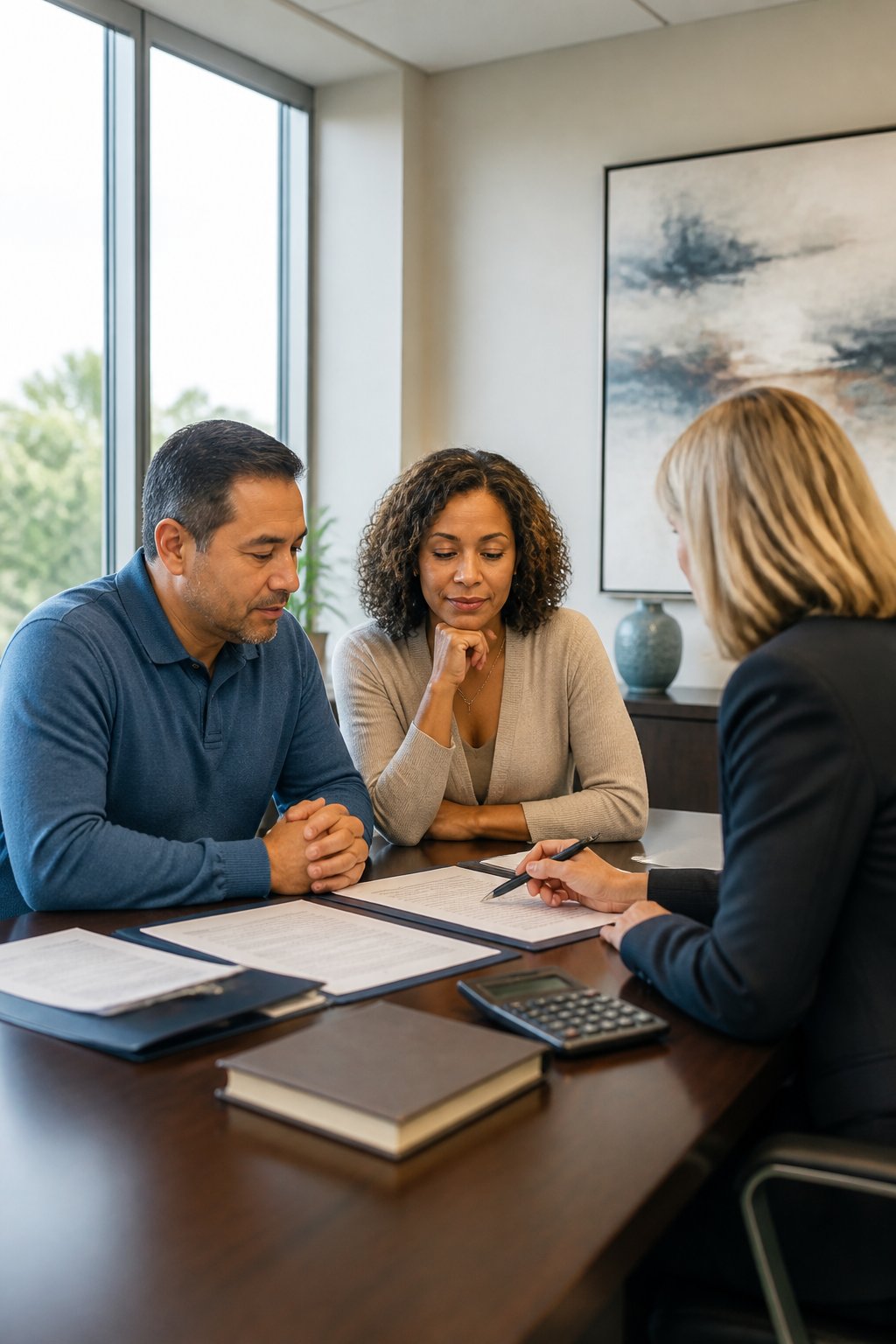 A married couple discusses settlement documents with a family-law attorney at an office conference table.