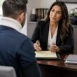 A personal injury attorney meets with a client in a modern law office.