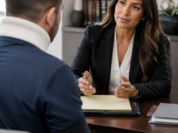 A personal injury attorney meets with a client in a modern law office.