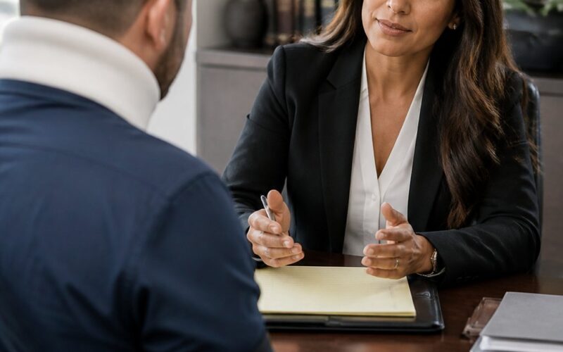 A personal injury attorney meets with a client in a modern law office.