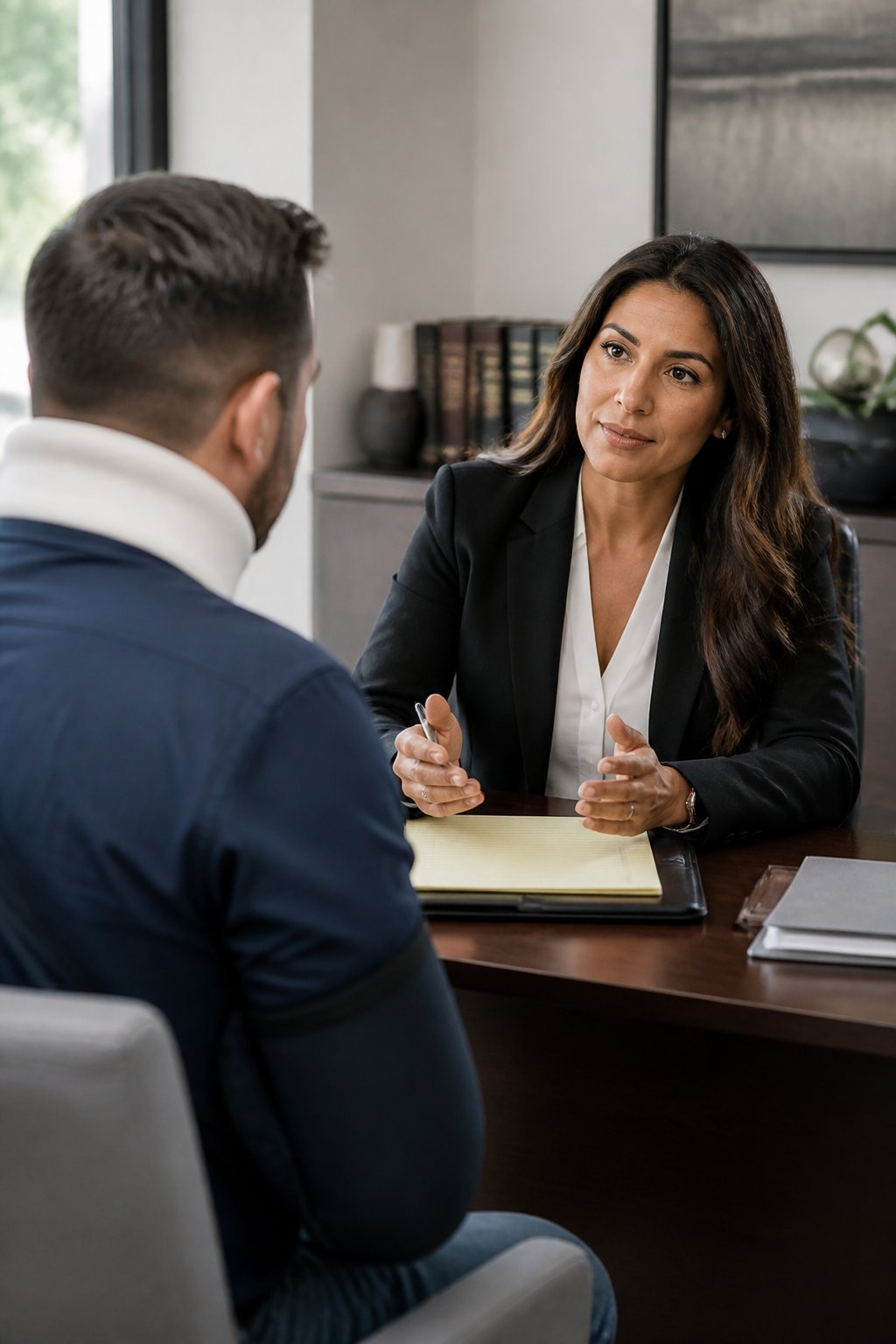 A personal injury attorney meets with a client in a modern law office.