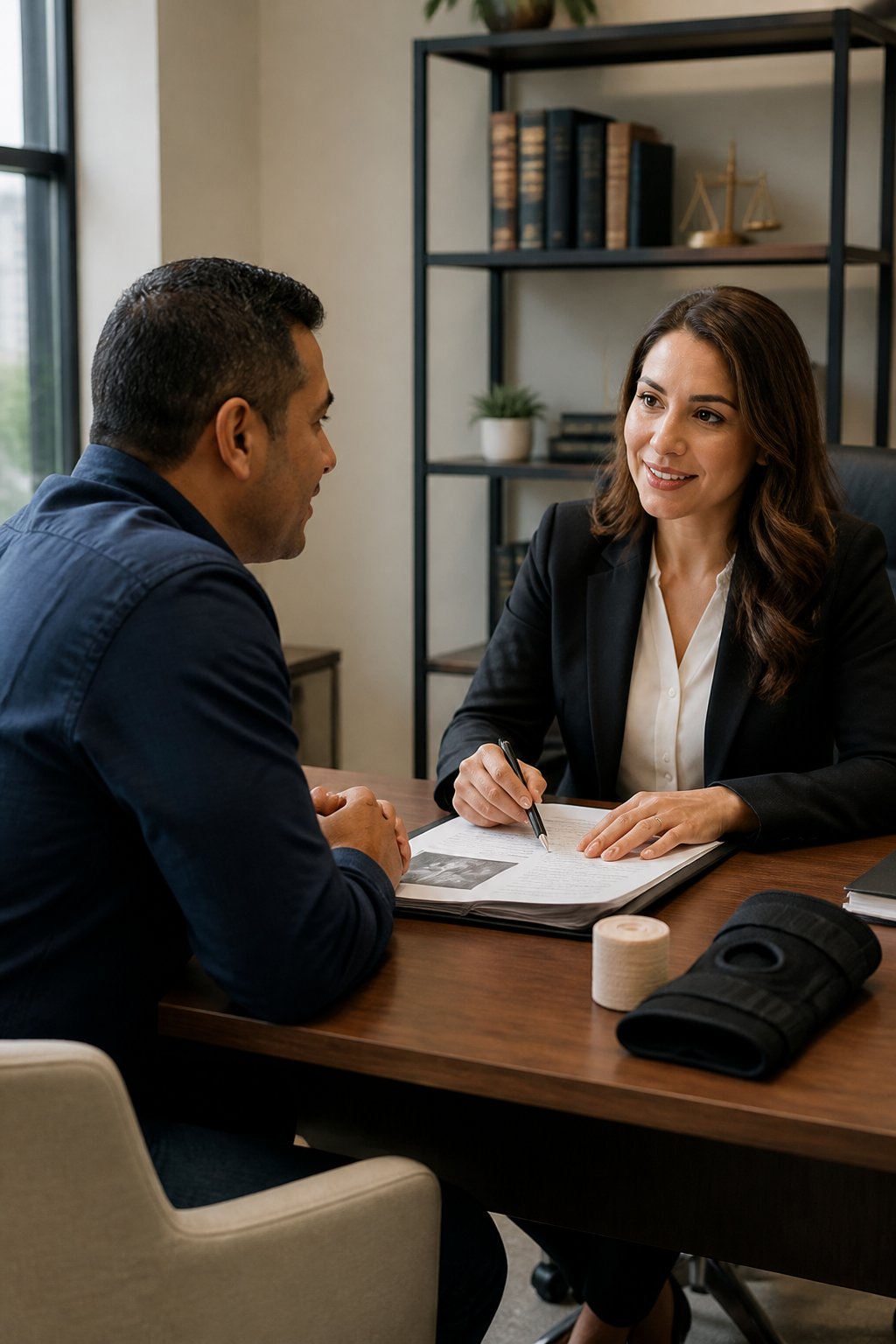 A client consults with an attorney at a desk in a modern law office.