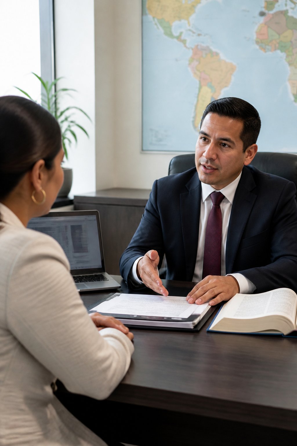 A Hispanic attorney meets with a client in a modern law office.